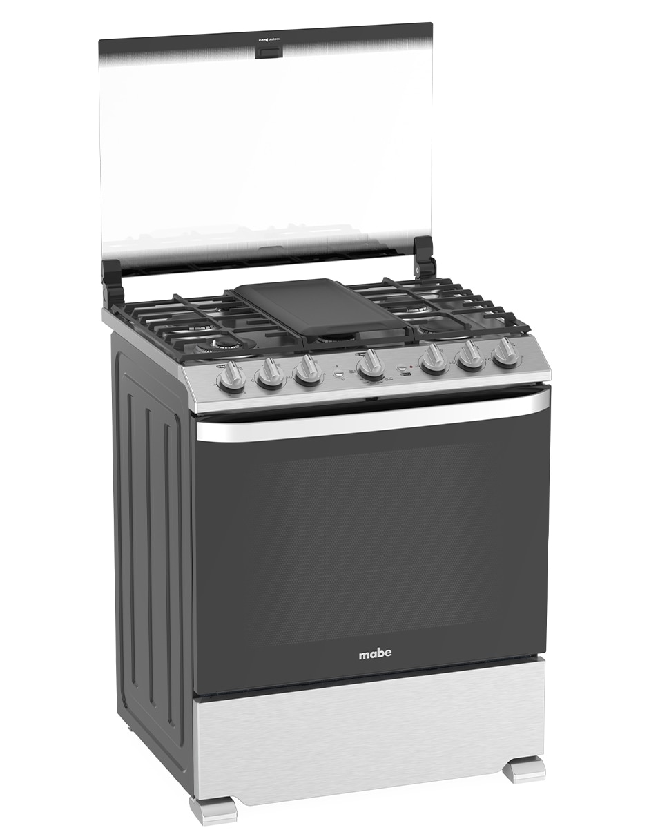 Combo estufa de piso a gas LP MABE Air Fry 75.8 cm EMHA7612DSSCM76SS de 6 quemadores + campana